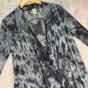American Age Women's Tie Dye Open Cardigan Lace Back Butterfly Black Gray Sz S